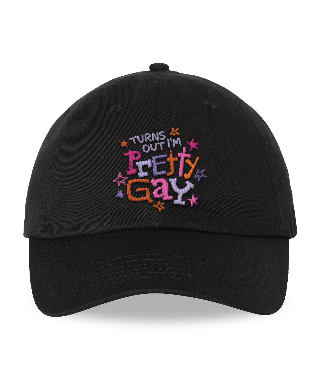A black cap that reads "Turns Out I'm Pretty Gay" and has little star illustrations around it. From Pretty Gay.