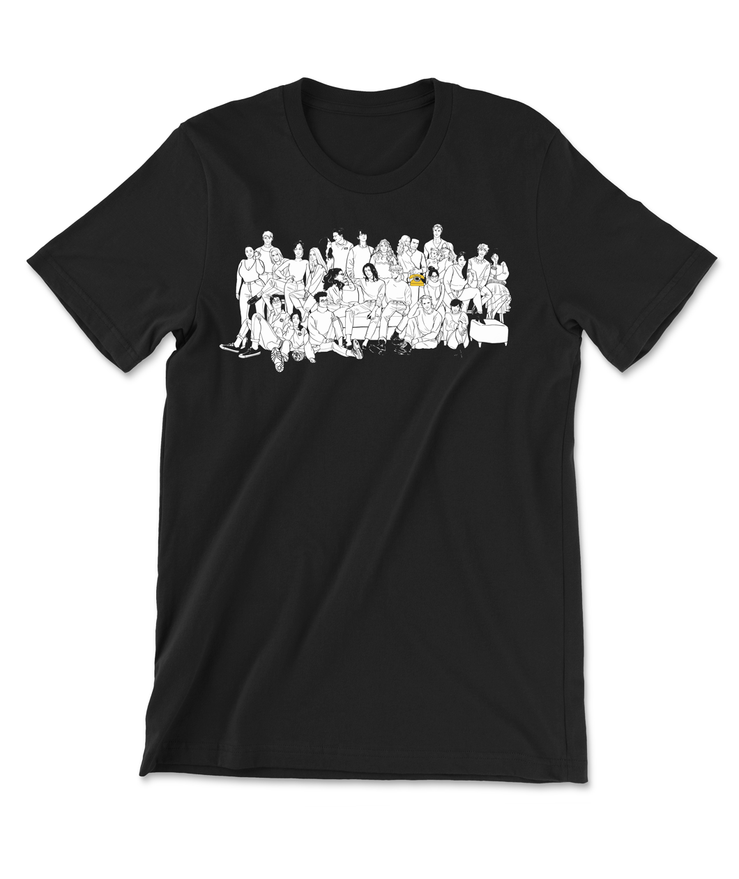 A black t-shirt with a white illustrations of a bunch of people sitting and standing around each other from Rainbow Rowell. 