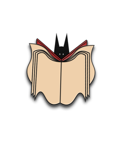 A pin from Re: Dracula of a black bat reading a beige and red book.