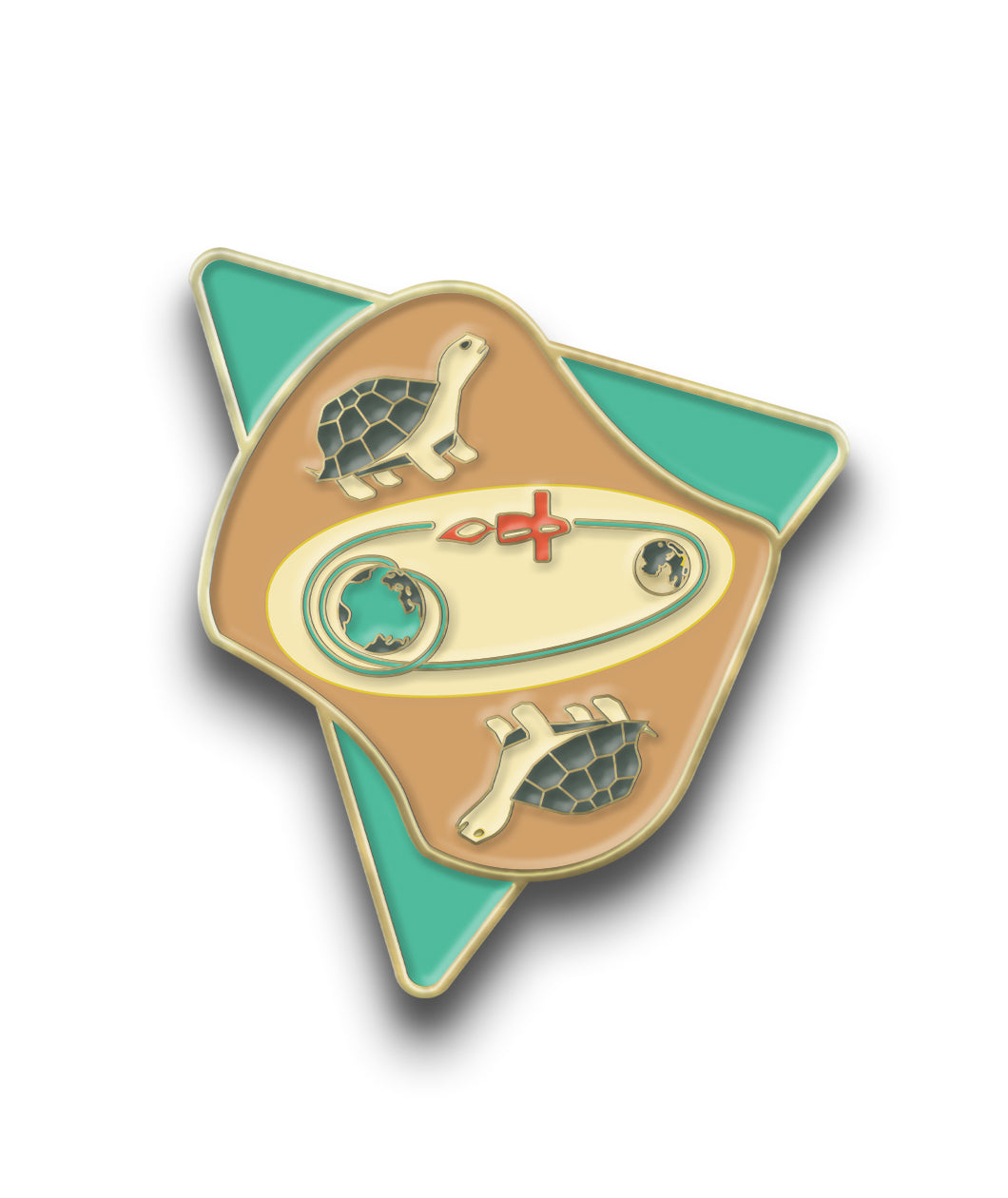 The pin of the month from Scishow has a teal triangle background with a brown blob with two turtles opposite each other, the earth and the moon. 
