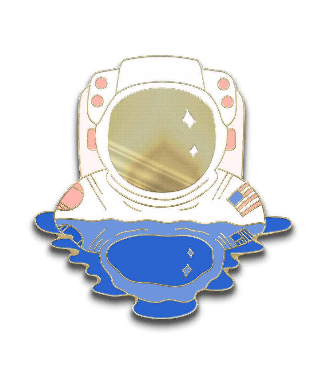 Mock up of a pin with gold enamel plating. Design is of an astronaut with a gold reflective helmet. Astronaut looks like it is coming out of a reflective pool of water. Shoulders and above are visible. 