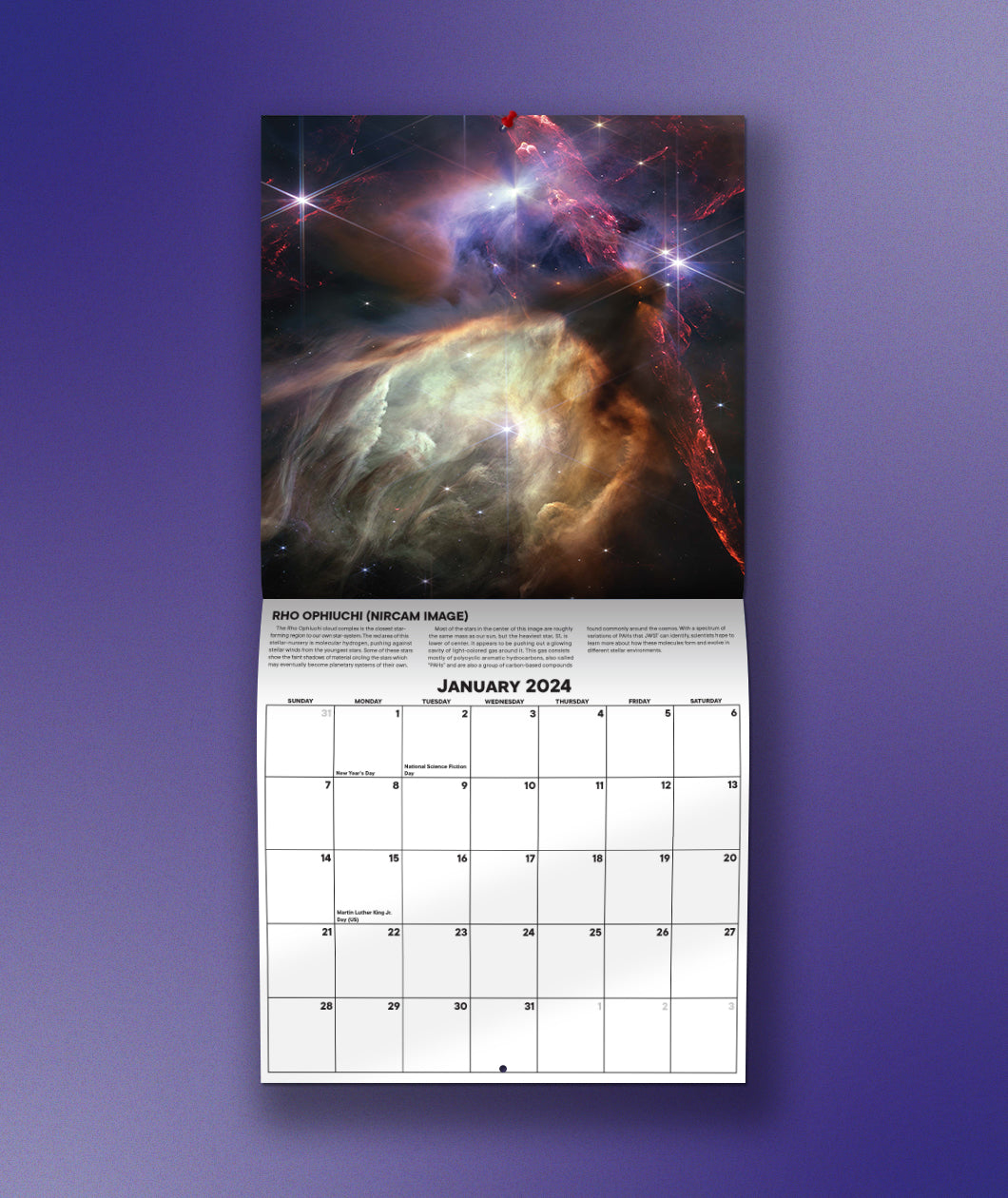 The January page of the SciShow 2024 Calendar in front of a purple background. The photo is the Nircam image.