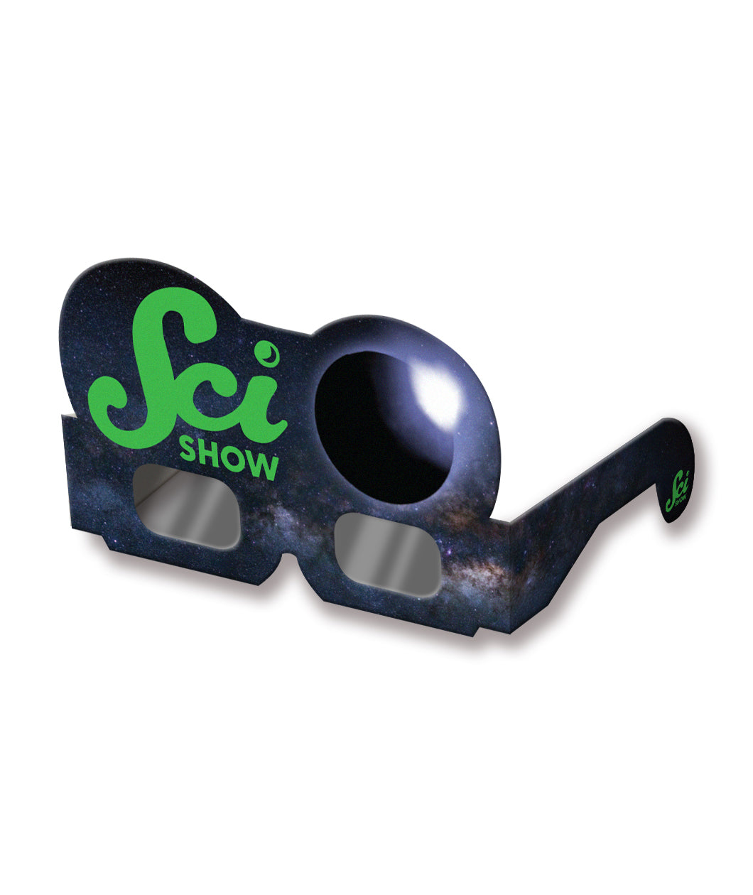 A pair of laminated card stock glasses printed with celestial designs and a piece above the eyes with the green Scishow Logo and a photo of an eclipse. 