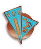 The Scishow Pin of the Month for August is an orange gold pin with two blue triangles with an orange microscope and other shapes. 
