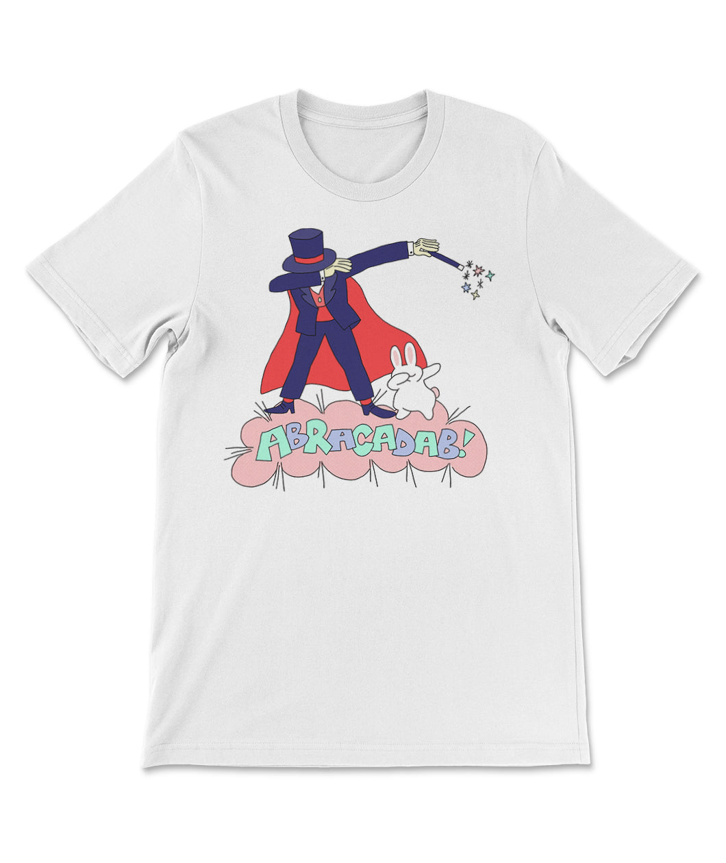 A white t-shirt with an illustration of a magician wearing a purple suit with a red cape, holding a wand and dabbing with their arms. There is also a small with rabbit dabbing next to the feet of the magician. Below the figures is the text 