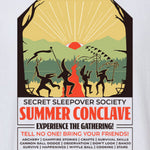 Illustration of silhouetted people dancing in front of a body of water and mountains with an eye sunrise. Shirt says, "Secret Sleepover Society, Summer Conclave, Experience the Gathering! Tell no one! Bring your friends! Archery | Campfire Stories | Crafts | Survival Skills | Cannon Ball Dodge | Observation | Don't Look | Banjo | Survive | Happenings | Wiffle Ball | Cooking | Stars"