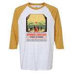 White baseball shirt with heathered mustard yellow 3/4 sleeves. Illustration of silhouetted people dancing in front of a body of water and mountains with an eye sunrise. Shirt says, "Secret Sleepover Society, Summer Conclave, Experience the Gathering! Tell no one! Bring your friends! Archery | Campfire Stories | Crafts | Survival Skills | Cannon Ball Dodge | Observation | Don't Look | Banjo | Survive | Happenings | Wiffle Ball | Cooking | Stars"