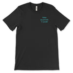 A black t-shirt that has small text over the chest. The text is a teal color and reads, "$50 Running T-Shirt". From Semi-Rad.