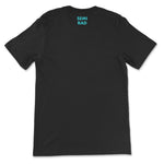 The back of a black t-shirt that has small text right below the collar of the shirt. The text reads, "Semi Rad". From Semi-Rad.