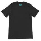 The back of a black t-shirt that has small text right below the collar of the shirt. The text reads, "Semi Rad". From Semi-Rad.