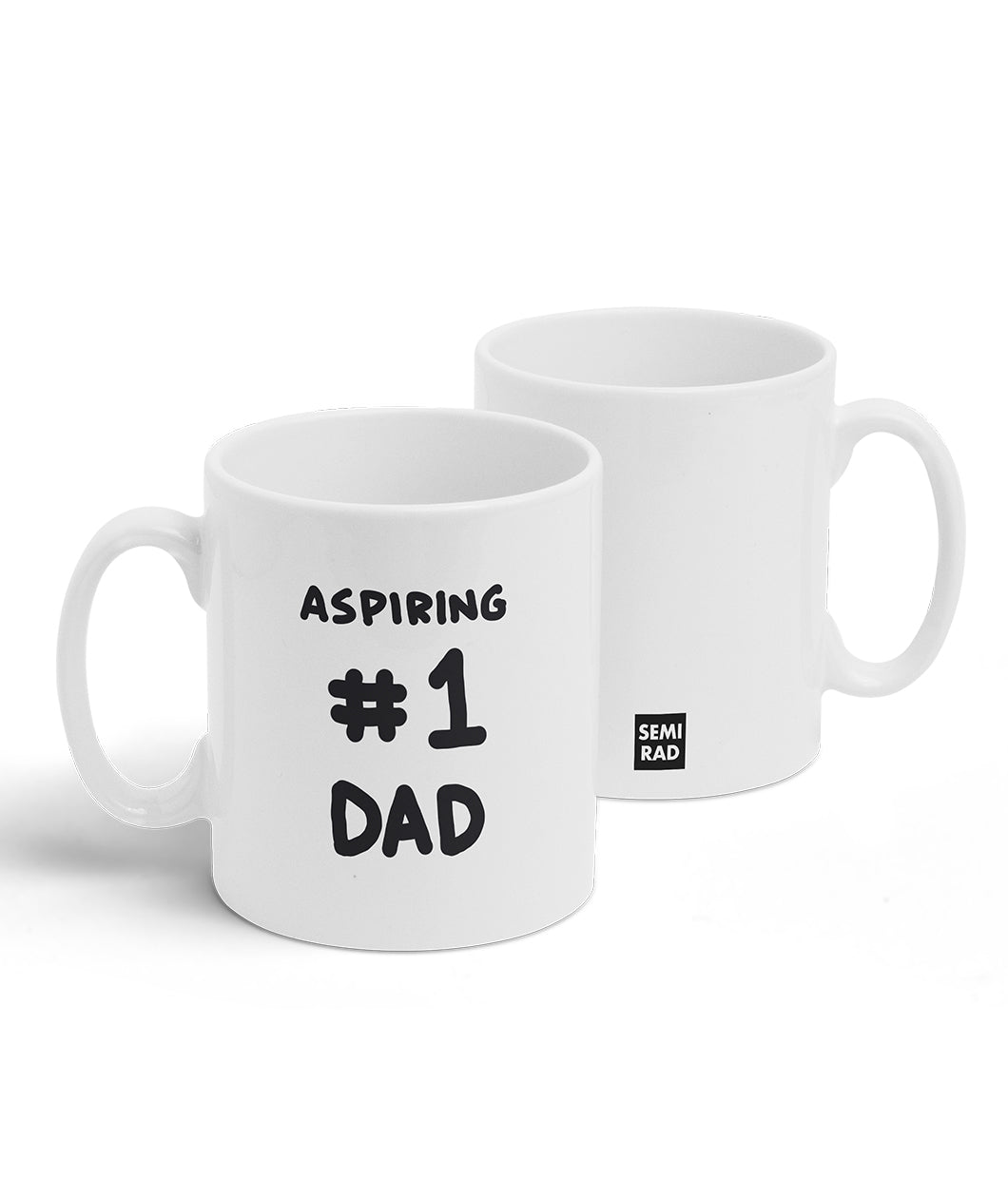 A white mug with a design printed on the front and back. The front has black handwritten text that reads, "Aspiring #1 Dad" and the back has the Semi-Rad logo. From Semi-Rad.