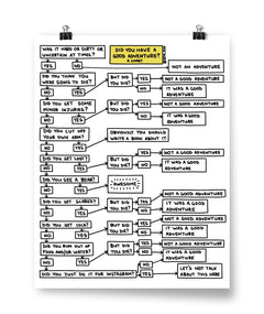 A white poster that has a flow chart design. The flow chart starts with the question, "Did you have a good adventure?" and leads to a series of yes and no questions. From Semi-Rad.