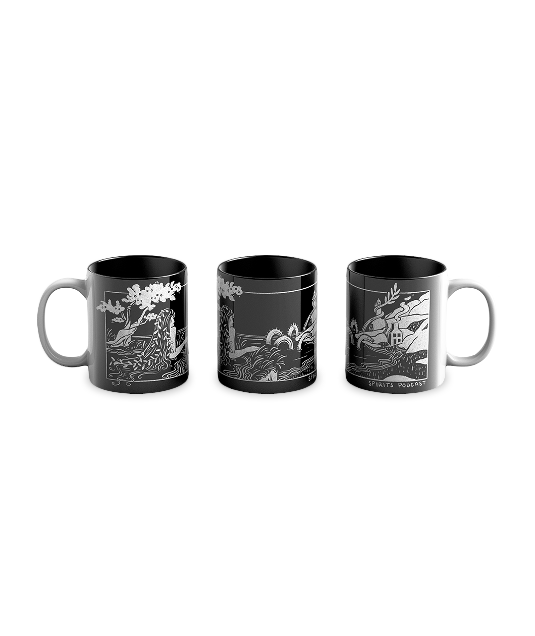A line of three black and white mugs showing an illustration of a mermaid in the water. From Spirits. 