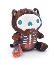 The dead galactic Schrodinger's Cat that has galaxy plush fabric with it's white embroidered skeleton and bright blue embroidered eyes and nose socket. It is not smiling because it is dead. 5.5" tall in sitting position.