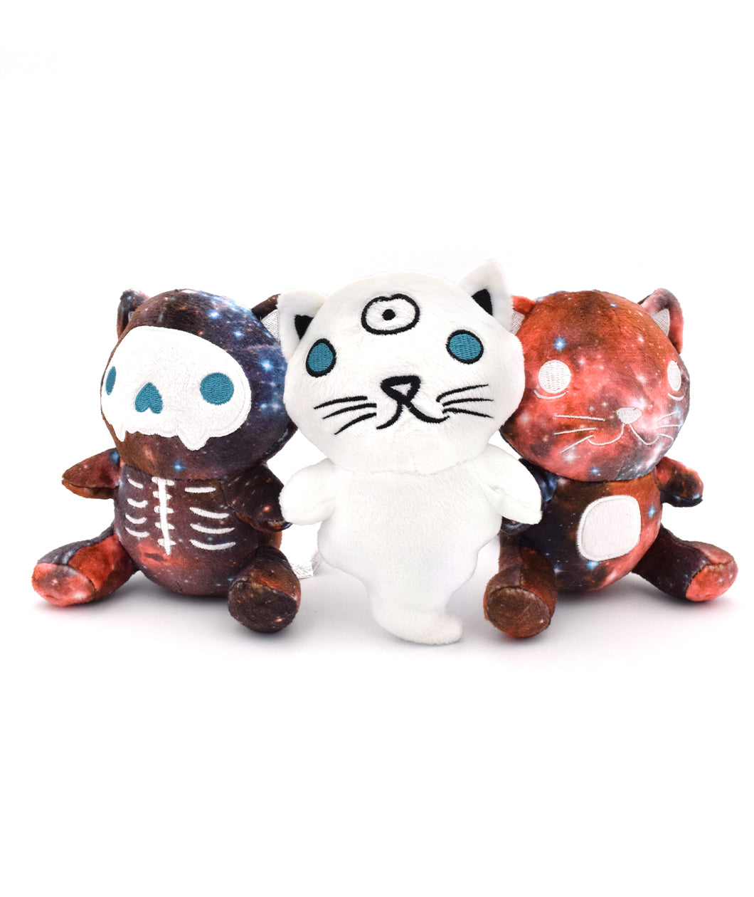 All three Schrodinger's Cat Blind Box possibilities shown together. The dead galactic cat, quantum cat, and living galactic cat.