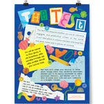 Portrait oriented poster that reads, "The Test" and then the words to the entire quote by John Green. The design has objects floating around like a paperclip, four leaf clover, a goldfish cracker, a pencil, a key, a gummy worm, stamps. The quote is broken down into four sections mimicking text being written on lined paper, sticky notes, and other types of torn paper. 