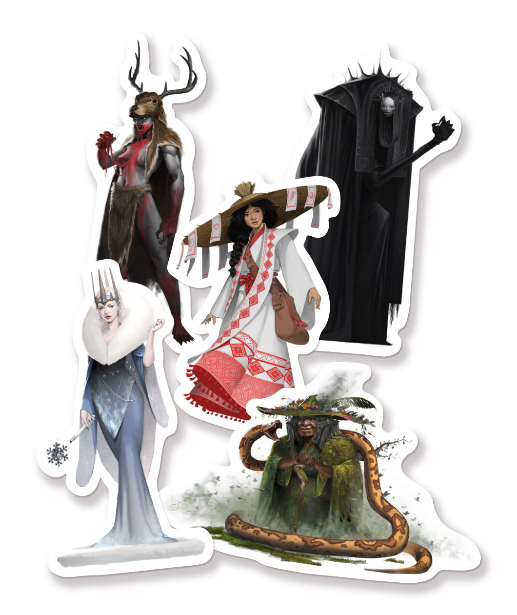 A set of five stickers of characters from the D&D podcast Worlds Beyond Number.