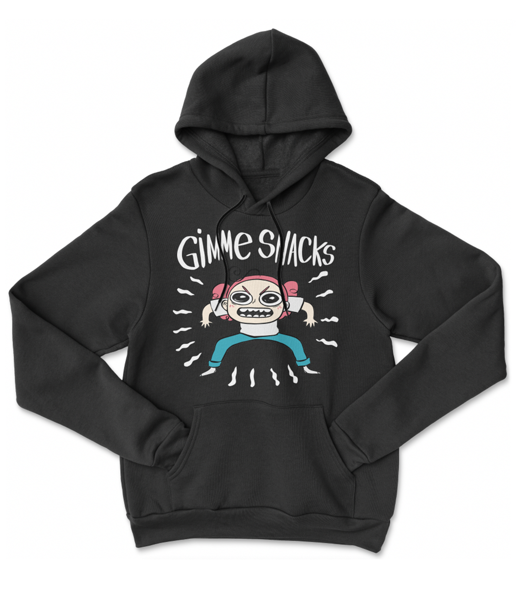 A black hoodie with the What's Up Beanie character looking angry with the text 