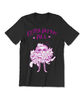 A black t-shirt with bright pink text that reads "Gotta pet 'em all". There is an illustration below of the Beanie character holding a armful of more than 10 cats and dogs. 