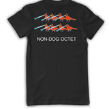 The back of a black t-shirt with eight red cardinals with flutes and text below that reads "NON-DOG OCTECT". From Bill Wurtz. 