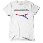 The front of white t-shirt with black lowercase text that reads "the key to being creative is remembering that you can do ab" and a sideways Eiffel tower below it. From Bill Wurtz. 