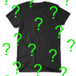 A black t-shirt with many green question marks signifying the Bill Wurtz mystery shirt.