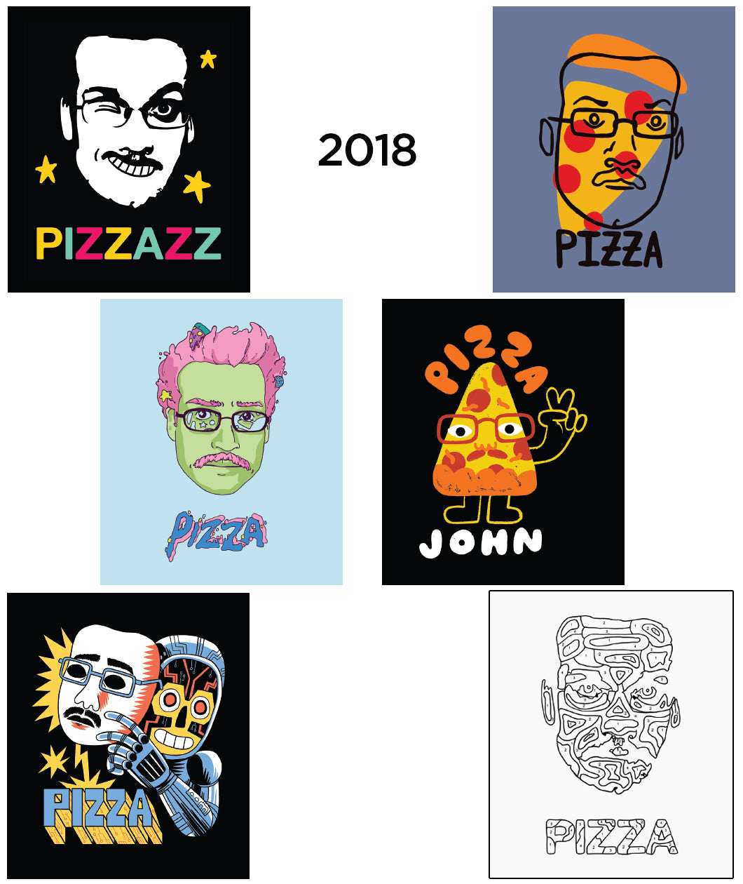 Six different Pizza John designs as stickers from 2018 - from Vlogbrothers