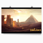 A poster featuring a desert, a pyramid, and old standing buildings. On the poster are the words "Outlaws and Obelisks". From Three Black Halflings. 