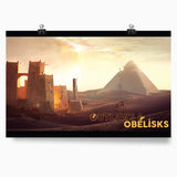 A poster featuring a desert, a pyramid, and old standing buildings. On the poster are the words "Outlaws and Obelisks". From Three Black Halflings. 