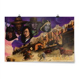 A poster featuring the heads of five different characters from "Outlaws & Obelisks" from Three Black Halflings. Below the heads is a fight scene on a cliff. 