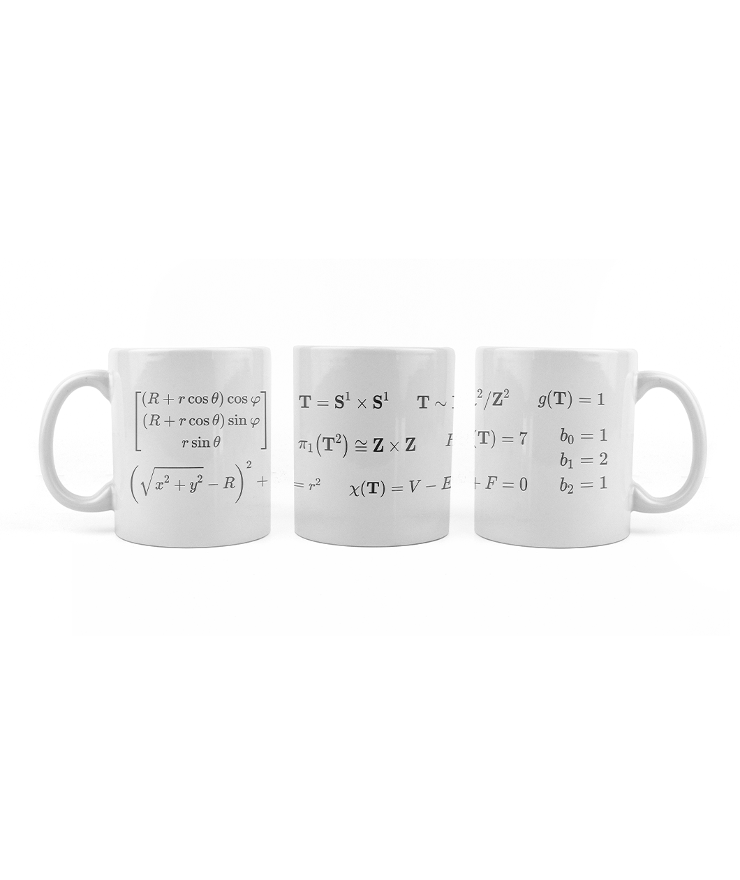The picture shows three different sides of the same white mug. Each area has different math equations on it in simple, black type. From 3Blue1Brown. 