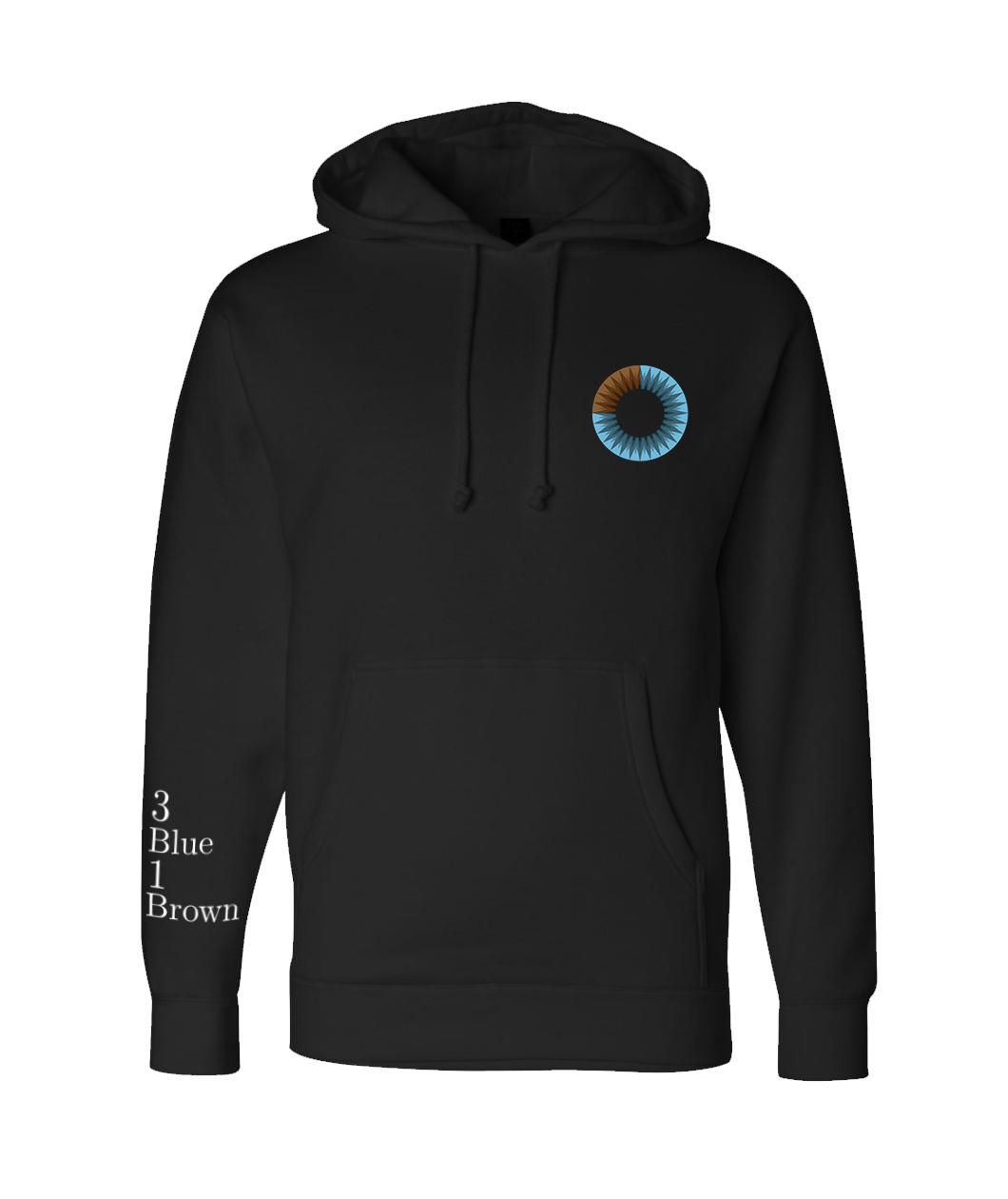 Black logo hoodie from 3Blue1Brown. Circular eye is in upper right and colored three quarters blue and one quarter brown. 3 Blue 1 Brown is written on the bottom of the left sleeve.