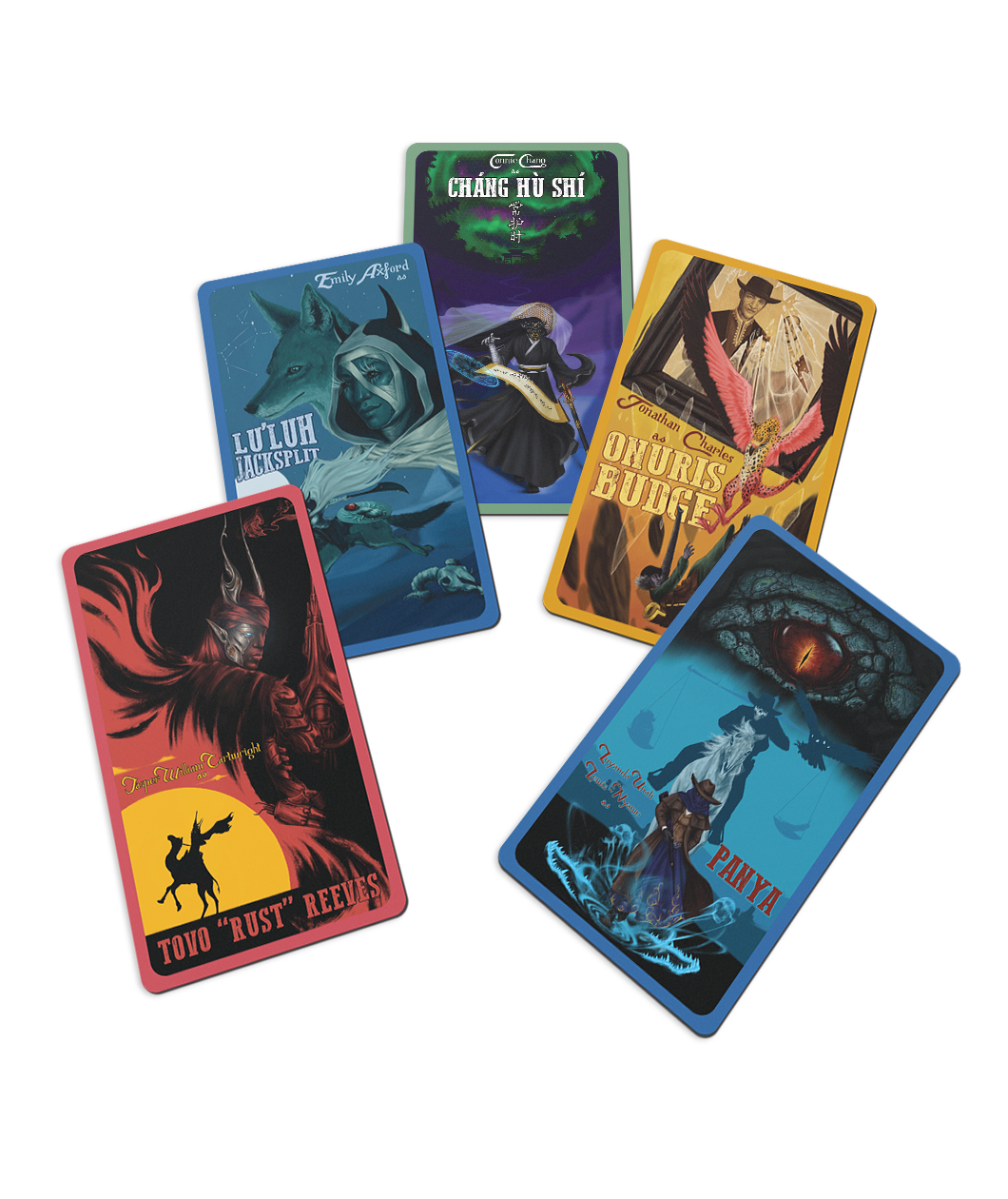 A set of five Outlaws and Obelisks rectangular tradings cards laid out. They are all different colors with different pictures on them.