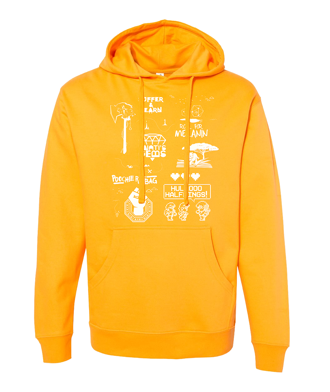 Yellow hoodie with various Three Black Halflings designs in white on the front of the hoodie. 