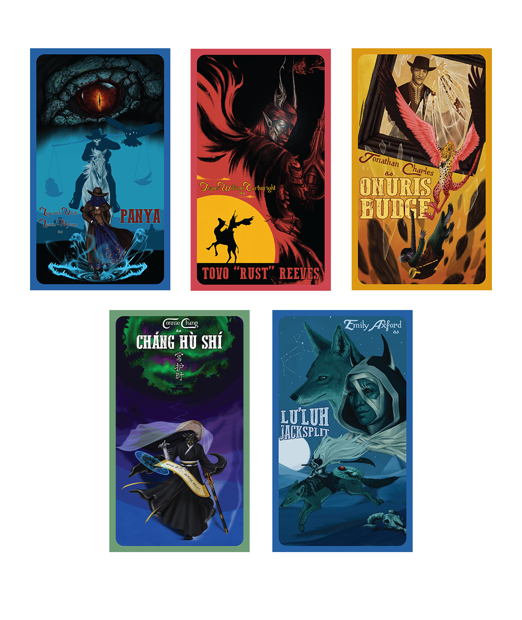 A set of five poster digital downloads of the Outlaws & Obelisks trading cards. Shows different characters all in different colors and pictures.