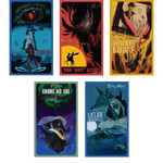 A set of five poster digital downloads of the Outlaws & Obelisks trading cards. Shows different characters all in different colors and pictures.