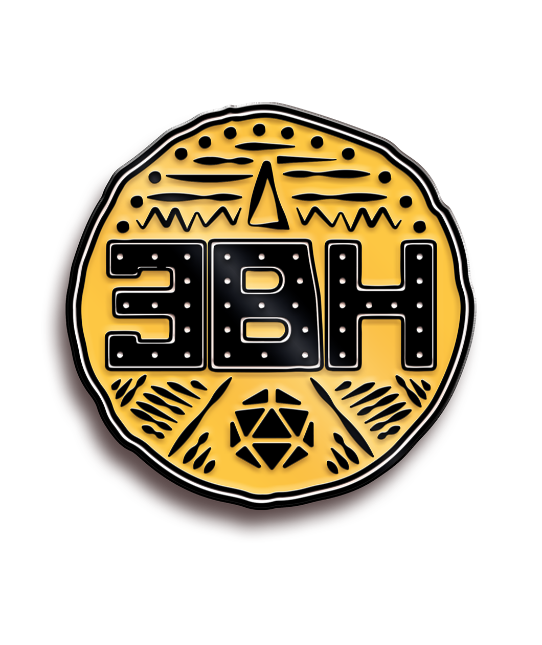 A black and yellow logo pin from Three Black Halflings. In the middle are black, block text 
