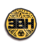 A black and yellow logo pin from Three Black Halflings. In the middle are black, block text "3BH". 