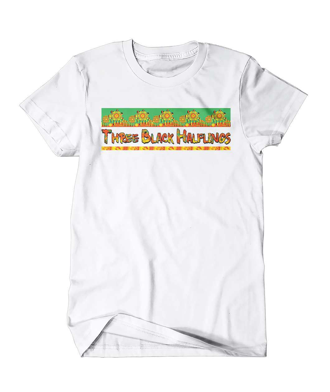 A white t-shirt with a colorful rectangle of pattern across the front. Dissecting the pattern is "Three Black Halflings" written in colorful letters.  