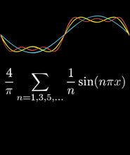 Blue, red, and yellow arching lines with a math equation below written in white - from 3Blue1Brown.