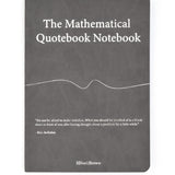 A grey notebook titled "The Mathematical Quotebook Notebook" with a squiggly line in the middle and the quote "Do not be afraid to make mistakes...What you should be terrified of is a blank sheet in front of you after having thought about a problem for a while. - Bela Bollobas" near the bottom by "3Blue1Brown". 