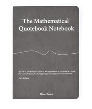 A grey notebook titled "The Mathematical Quotebook Notebook" with a squiggly line in the middle and the quote "Do not be afraid to make mistakes...What you should be terrified of is a blank sheet in front of you after having thought about a problem for a while. - Bela Bollobas" near the bottom by "3Blue1Brown". 