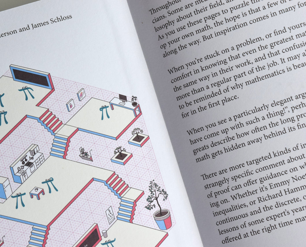 The inside of a book showing a close up two pages, the left with a graphic of stairs, platforms and pie personified characters and the right page has words on it. 