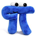 A blue pi with a small black smile and two white oval eyes with black irises on the top of the plushie - from 3Blue1Brown.