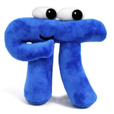 A blue pi with a small black smile and two white oval eyes with black irises on the top of the plushie - from 3Blue1Brown.