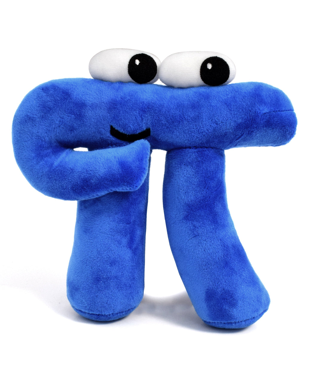 A blue pi with a small black smile and two white oval eyes with black irises on the top of the plushie - from 3Blue1Brown.