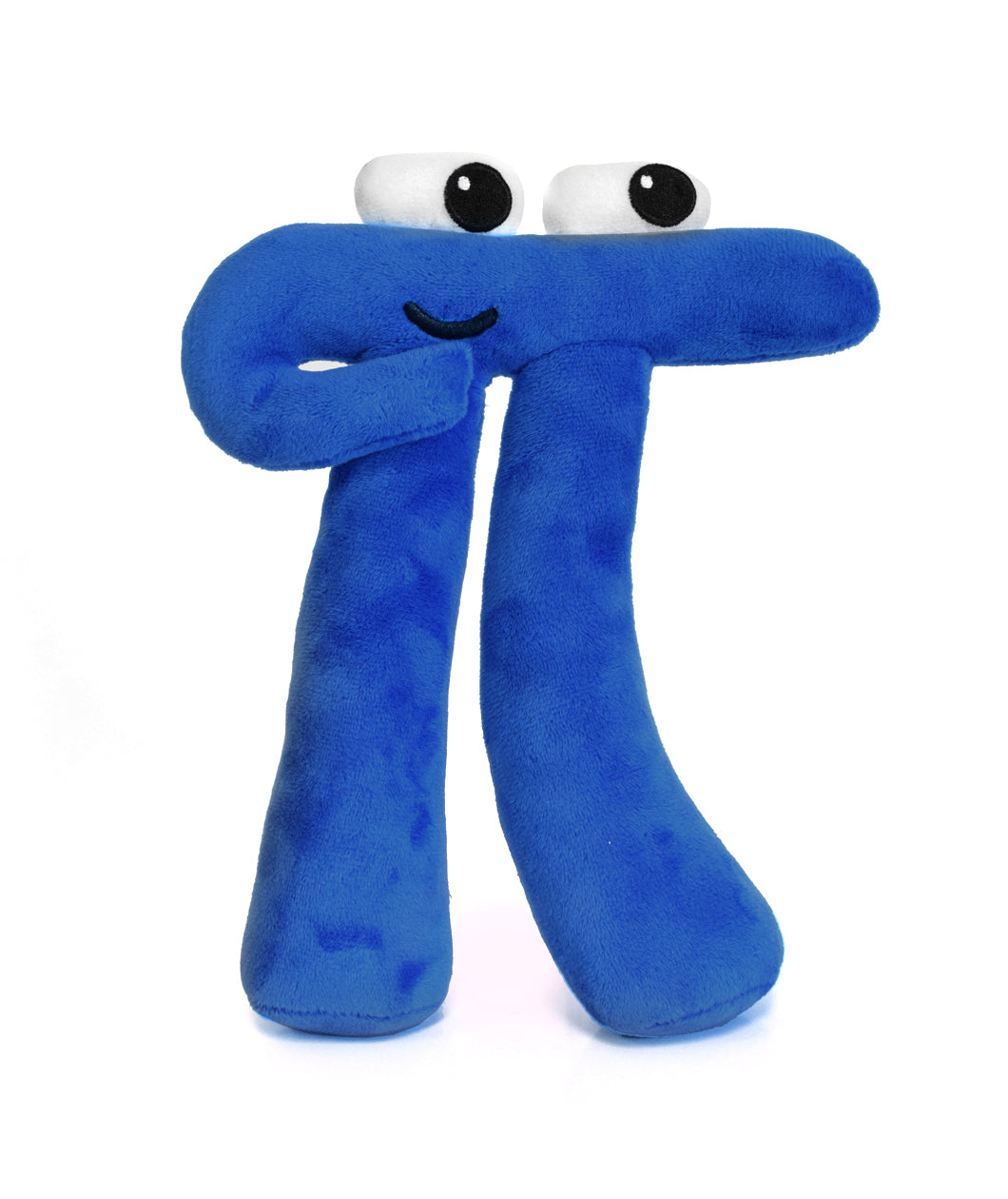 A blue pi with long legs, a small black smile and two white oval eyes with black irises on the top of the plushie - from 3Blue1Brown.