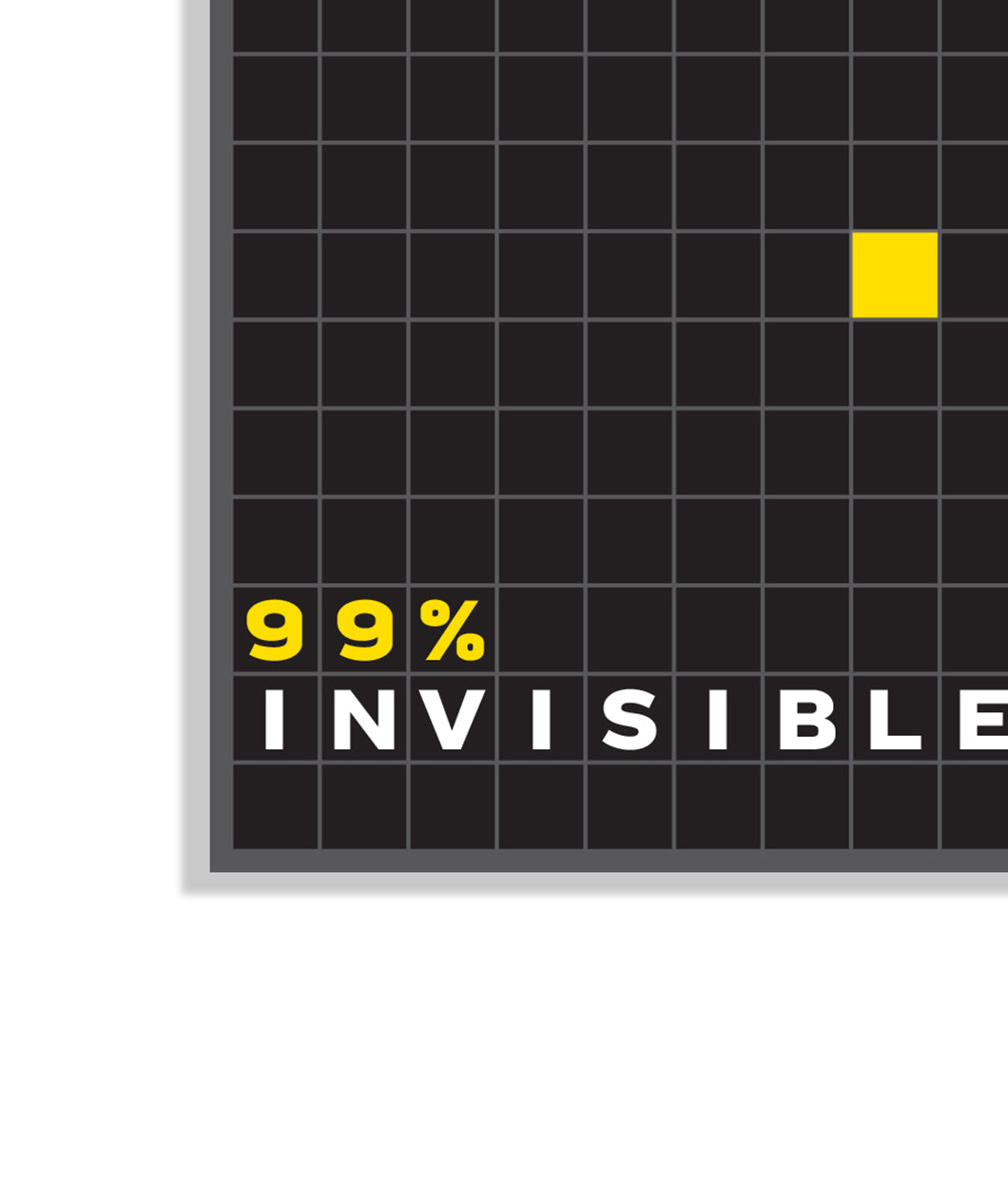 Rectangular sticker split into a grid of all black squares except for 1 yellow square. Includes white and yellow words "99% Invisible"