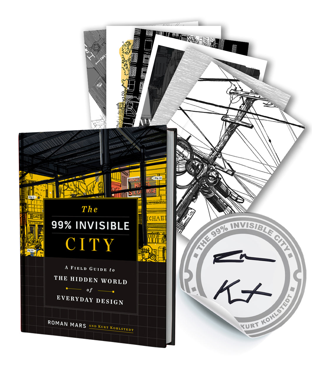 A yellow and black hardcover book, a signed white and gray circular book plate sticker, and stack of 7 postcards by 99% Invisible