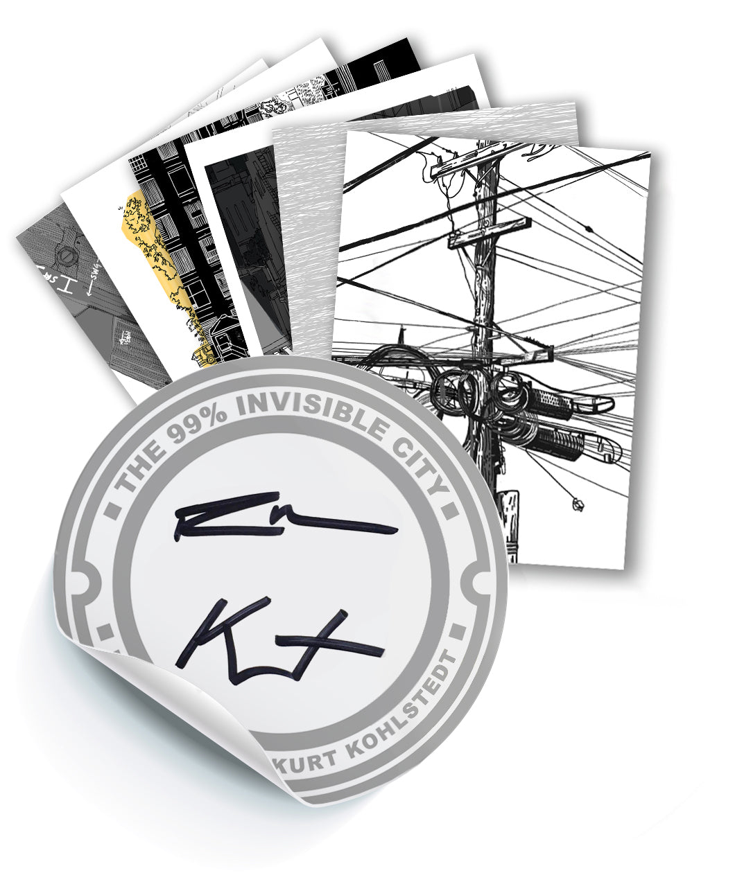 Signed white and gray circular book plate sticker and a stack of 7 postcards by 99% Invisible